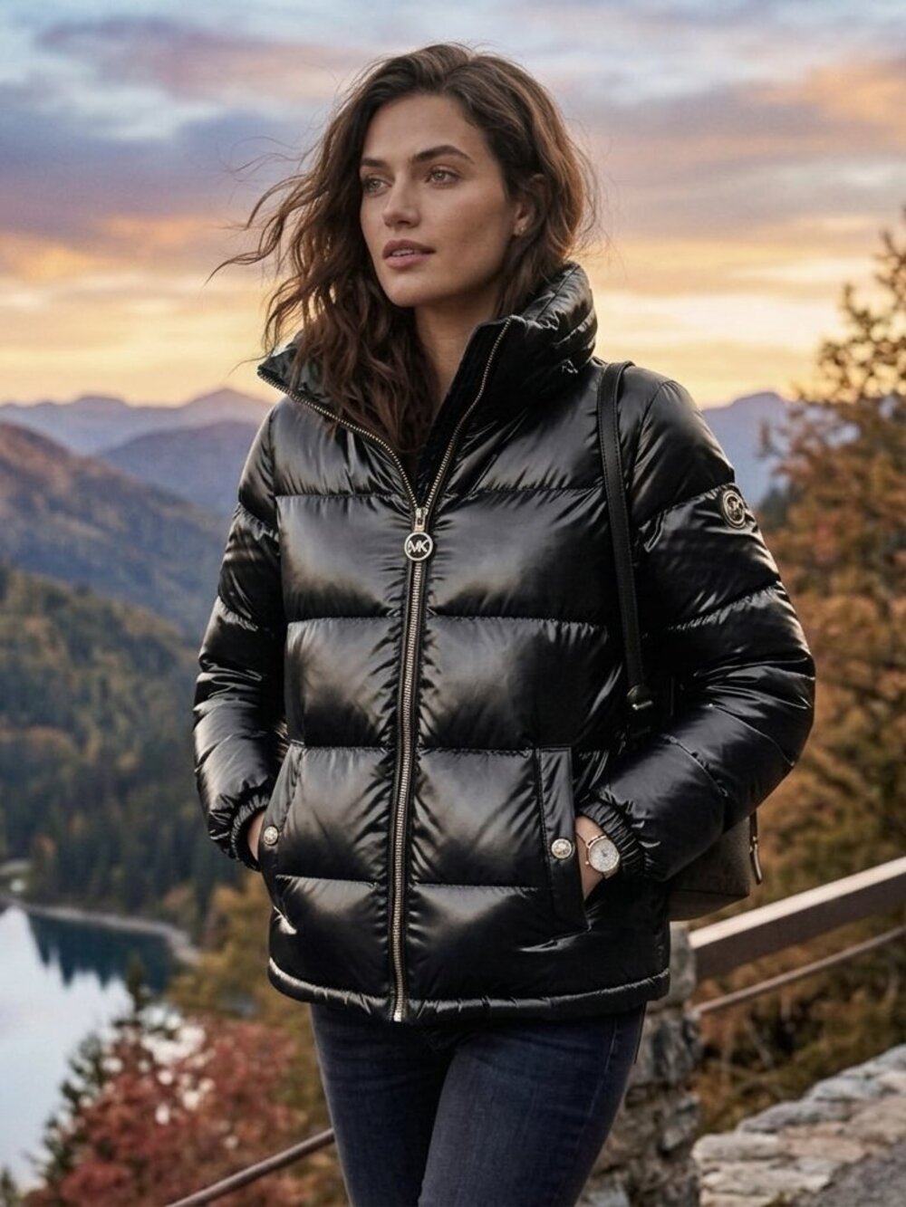 Michael Kors Metallic Shiny Puffer Jacket - M826687B74 - Black Metallic - MEDIUM
